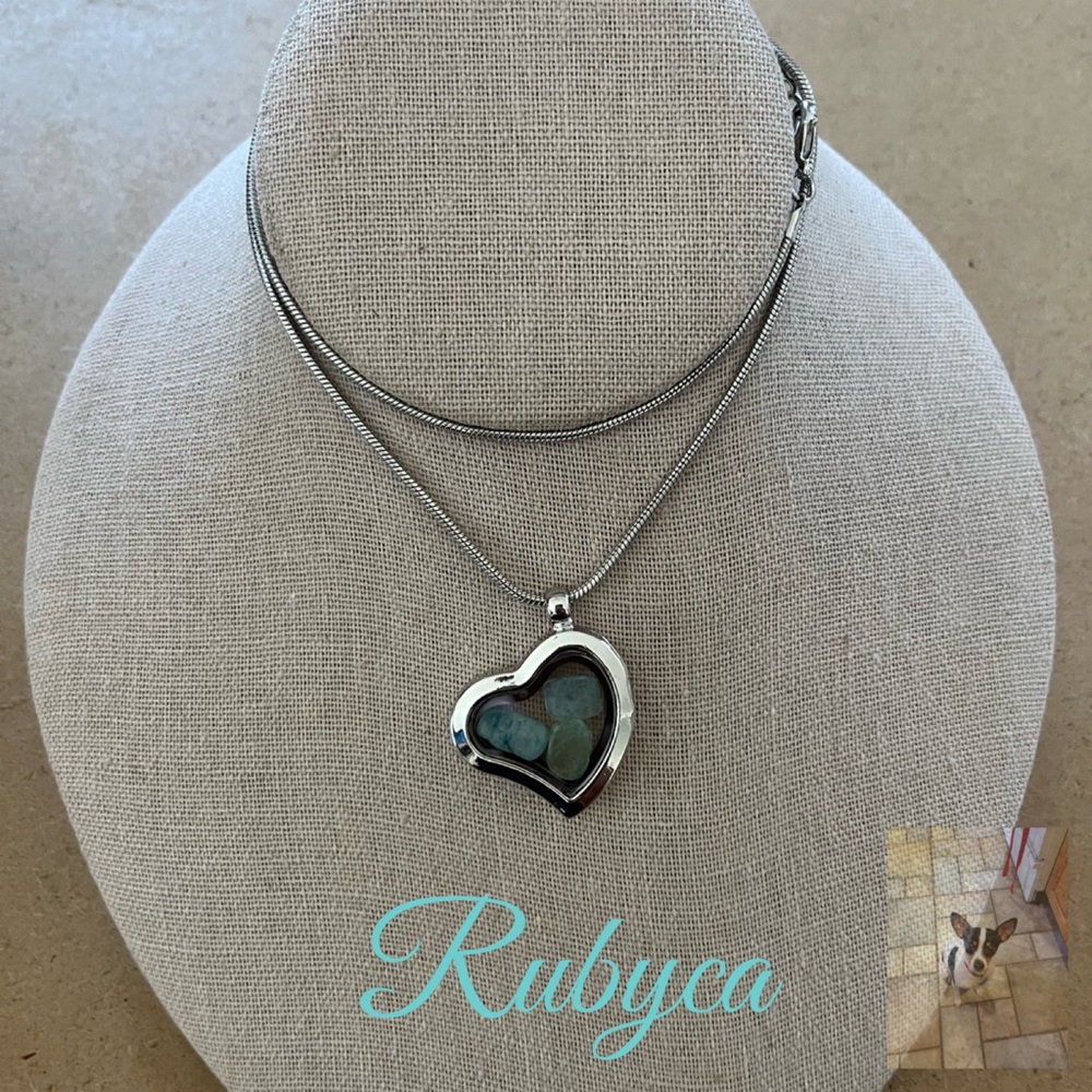 Rubyca SilverTone Heart Locket with Aqua Colored Stones